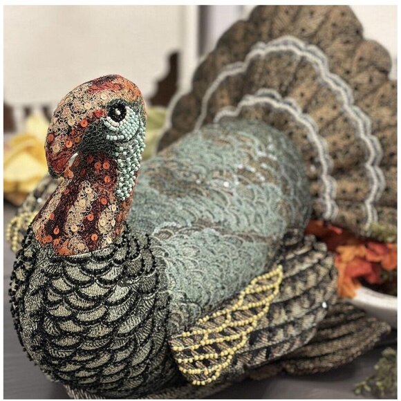 John Derian 2024 Turkey Pillow Beaded Embellished 16"x15" Plush - Picture 3 of 7